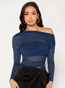 SHEIN Privé Asymmetrical Neck Ruched Mesh Top - Navy Blue - View 1