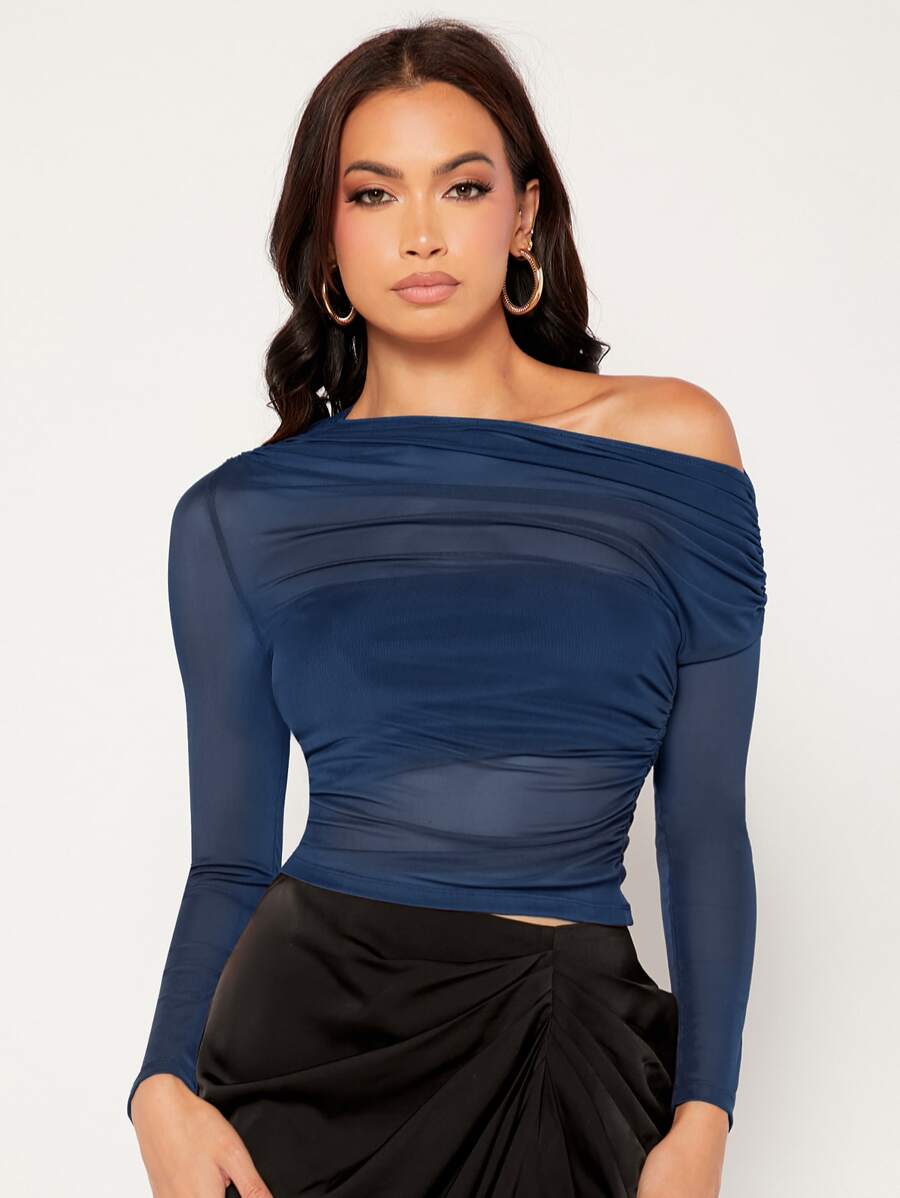 SHEIN Privé Asymmetrical Neck Ruched Mesh Top - Navy Blue - View 1
