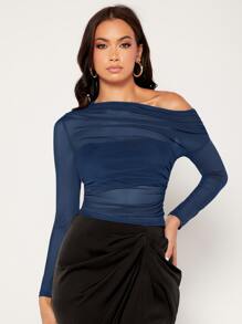 SHEIN Privé Asymmetrical Neck Ruched Mesh Top - Navy Blue - View 4