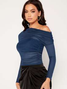 SHEIN Privé Asymmetrical Neck Ruched Mesh Top - Navy Blue - View 5