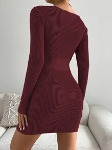 SHEIN Essnce Vestido de punto escote cruzado tejido de canalé sin cinturón - Burdeos - Ver 2