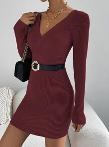 SHEIN Essnce Vestido de punto escote cruzado tejido de canalé sin cinturón - Burdeos - Ver 3