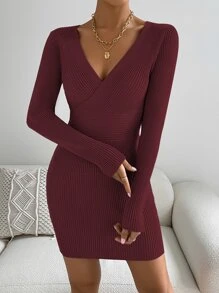 SHEIN Essnce Vestido de punto escote cruzado tejido de canalé sin cinturón - Burdeos - Ver 4