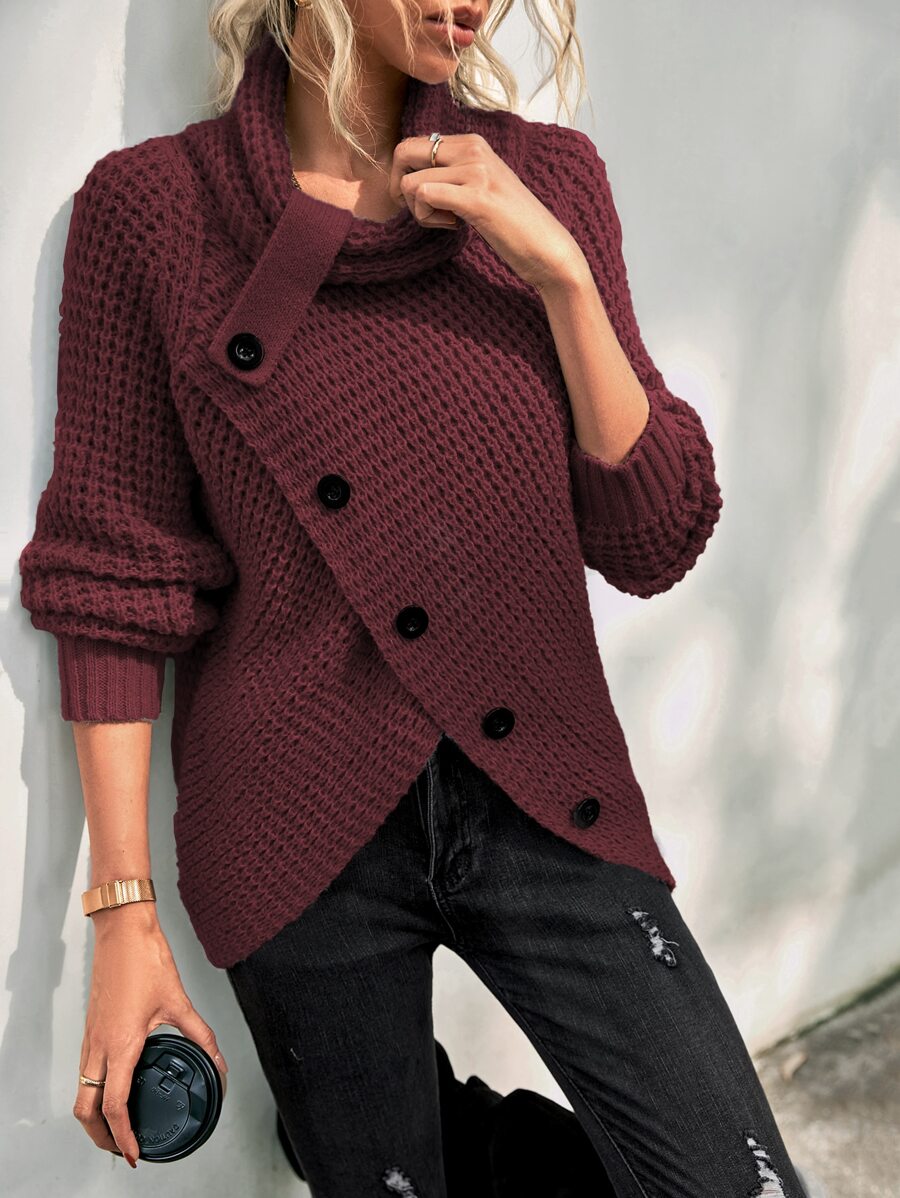 SHEIN LUNE Cowl Neck Raglan Sleeve Button Front Asymmetrical Hem Jumper - Burgundy - View 1