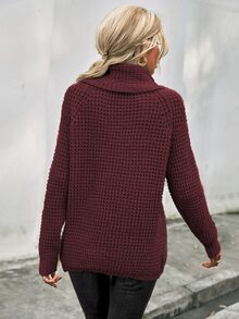 SHEIN LUNE Cowl Neck Raglan Sleeve Button Front Asymmetrical Hem Jumper - Burgundy - View 2