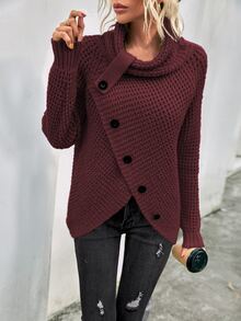 SHEIN LUNE Cowl Neck Raglan Sleeve Button Front Asymmetrical Hem Jumper - Burgundy - View 3