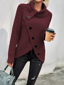 SHEIN LUNE Cowl Neck Raglan Sleeve Button Front Asymmetrical Hem Jumper - Burgundy - View 5