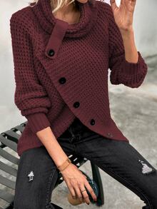 SHEIN LUNE Cowl Neck Raglan Sleeve Button Front Asymmetrical Hem Jumper - Burgundy - View 7