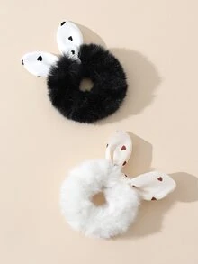 2pcs Heart Print Bow Decor Hair Tie