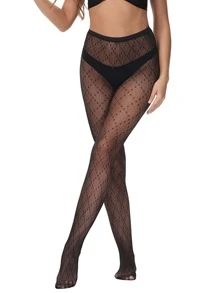 Geometric Pattern Fishnet Tights - Black - View 3