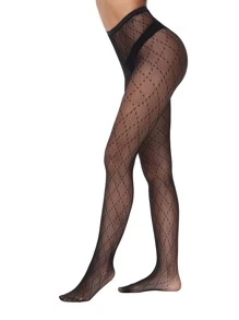 Geometric Pattern Fishnet Tights - Black - View 5