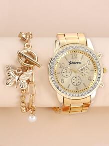 两款奢华女士镶钻三眼石英腕表，休闲独特的数字设计，适合各种场合，与手链完美搭配。是送给妈妈的理想礼物。 - 金色 - 查看 3