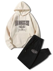 ROMWE MEN Guys Letter Graphic Kangaroo Pocket Drawstring Thermal Hoodie & Sweatpants - Multicolor - View 1