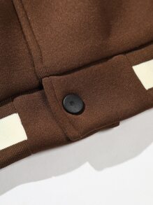ROMWE MEN Prep Herr Slogan Grafik Randig Kant Färgblock Termiskt fodrad Varsity Jacka - Brun - Visa 5