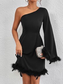 Chiquease One Shoulder Fuzzy Trim Dress - Black - View 1