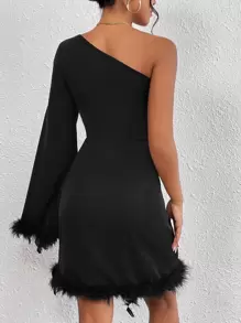 Chiquease One Shoulder Fuzzy Trim Dress - Black - View 2