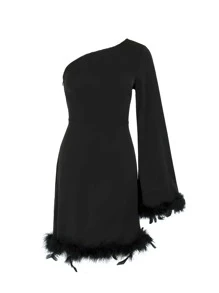 Chiquease One Shoulder Fuzzy Trim Dress - Black - View 4