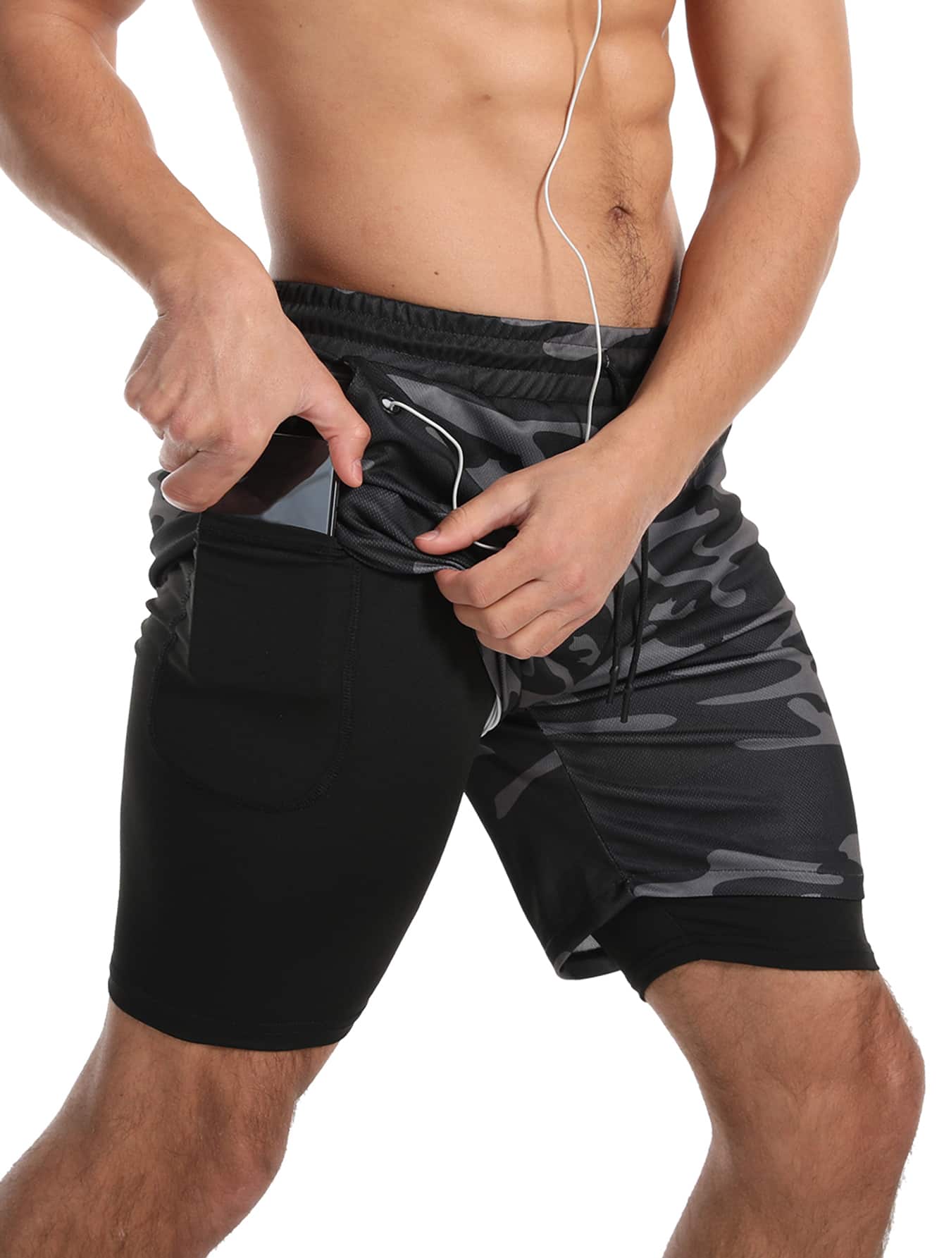 Manfinity Sport Corelite Boyfriend Style Men Camo Print 2 In 1 Sports Stretchy Shorts With Phone Pocket Gym Shorts Jogger Shorts Sweat Pants - Multicolor - View 1