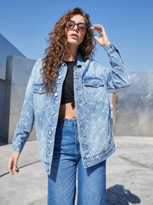 SHEINBlues Letter Graphic Drop Shoulder Denim Jacket - Light Wash - View 5