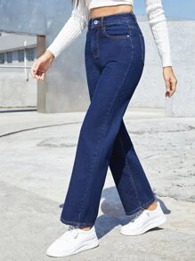 SHEINBlues High Waist Straight Leg Jeans - Dark Wash - View 4