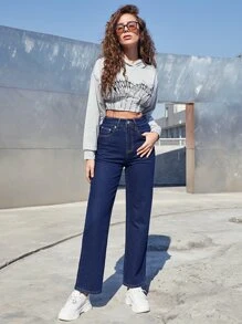 SHEINBlues High Waist Straight Leg Jeans - Dark Wash - View 6