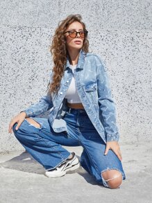 SHEINBlues Letter Graphic Drop Shoulder Denim Jacket - Light Wash - View 6