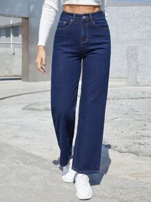 SHEINBlues High Waist Straight Leg Jeans - Dark Wash - View 5