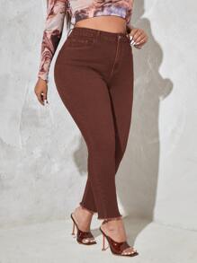 Plus Raw Cut Skinny Jeans - Rust Brown - View 3