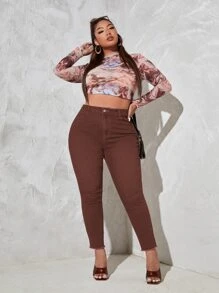 Plus Raw Cut Skinny Jeans - Rust Brown - View 5