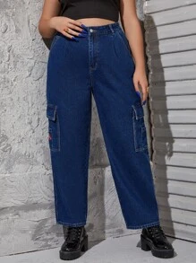 Plus Letter Embroidery Flap Pocket Cargo Jeans - Dark Wash - View 2