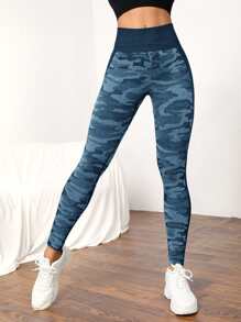 迷彩印花緊縮褶皺臀部收復運動打底褲 - 藍色 - 查看 6