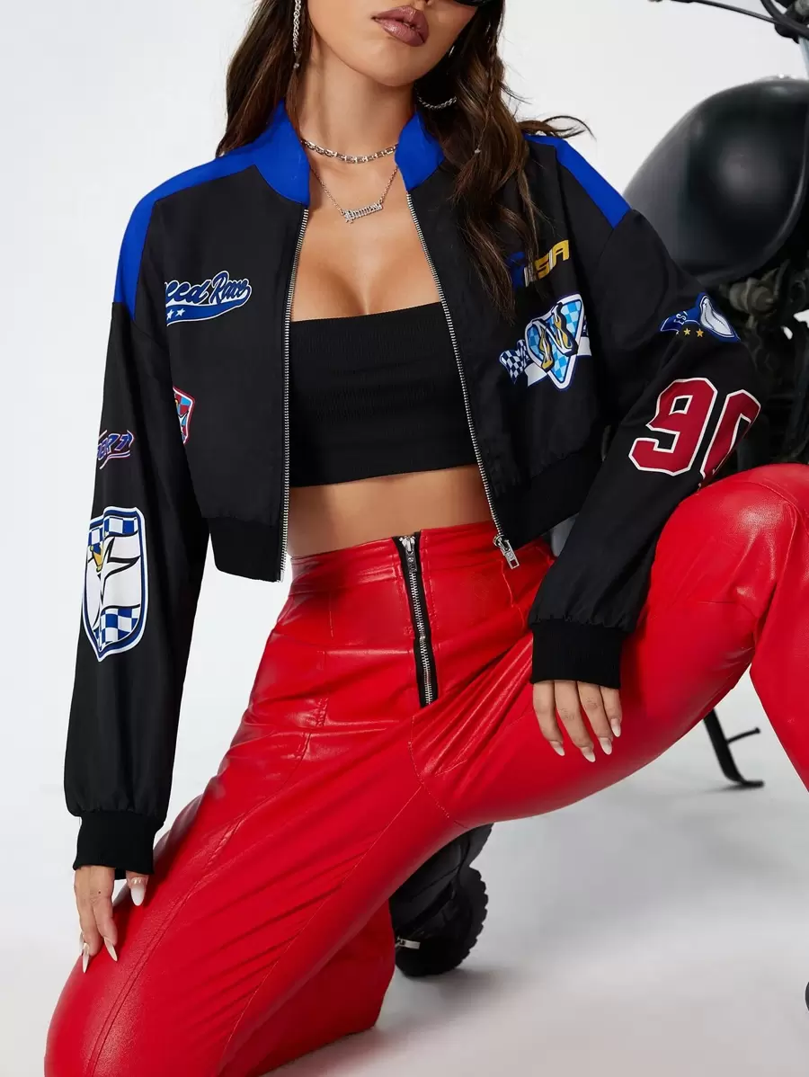 Coolane Áo khoác bomber hai tông màu họa tiết chữ cho mùa thu/đông - màu đen - Xem 1