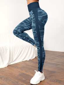 迷彩印花緊縮褶皺臀部收復運動打底褲 - 藍色 - 查看 2