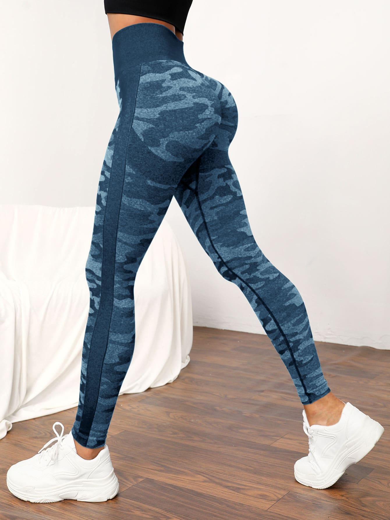 迷彩印花緊縮褶皺臀部收復運動打底褲 - 藍色 - 查看 1