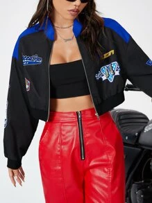 Coolane Áo khoác bomber hai tông màu họa tiết chữ cho mùa thu/đông - màu đen - Xem 3