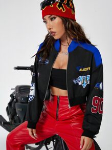 Coolane Áo khoác bomber hai tông màu họa tiết chữ cho mùa thu/đông - màu đen - Xem 6