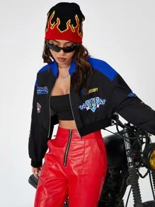 Coolane Áo khoác bomber hai tông màu họa tiết chữ cho mùa thu/đông - màu đen - Xem 7