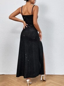 SHEIN BAE Split Thigh Sequins Cami Dress - Black - View 2