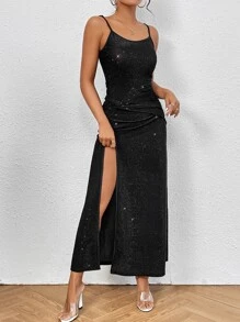 SHEIN BAE Split Thigh Sequins Cami Dress - Black - View 4