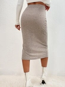 SHEIN Essnce Solid Drawstring Split Thigh Skirt - Khaki - View 2