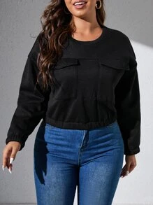 SHEIN LUNE Sudadera de hombros caídos con bolsillo con solapa - Negro - Ver 1