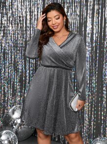 SHEIN Clasi 大碼交疊領亮片連衣裙 - 銀色 - 查看 1