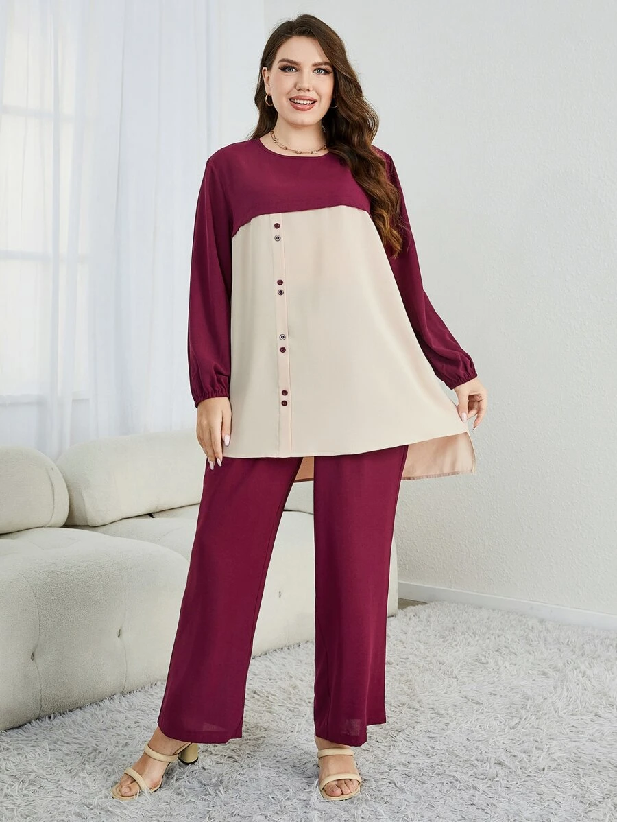 Mulvari 大碼雙色高低下擺襯衫和褲子 - 彩色 - 查看 1