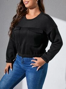 SHEIN LUNE Sudadera de hombros caídos con bolsillo con solapa - Negro - Ver 3