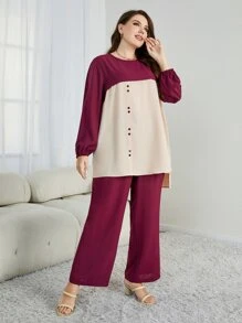 Mulvari 大碼雙色高低下擺襯衫和褲子 - 彩色 - 查看 5