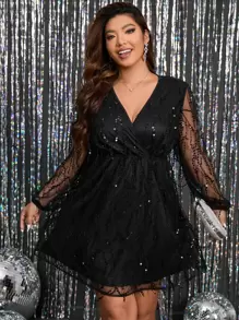 SHEIN Clasi Đầm Plus Size ghép mộng kim sa Trọn gói màu trơn Buổi tiệc - màu đen - Xem 4