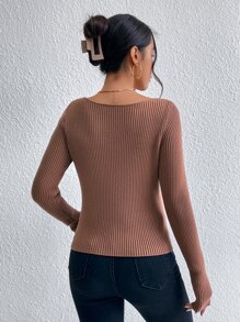 SHEIN Essnce Sweetheart Neck Ribbed Knit Sweater - Coffee Brown - View 2