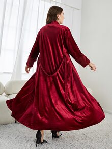 Modelyn Burgundy Red Plus Contrast Cuff Belted Flannelette Abaya - Burgundy - View 2