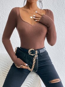 SHEIN Essnce Sweetheart Neck Ribbed Knit Sweater - Coffee Brown - View 7