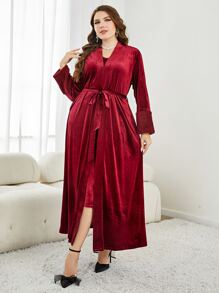 Modelyn Burgundy Red Plus Contrast Cuff Belted Flannelette Abaya - Burgundy - View 4
